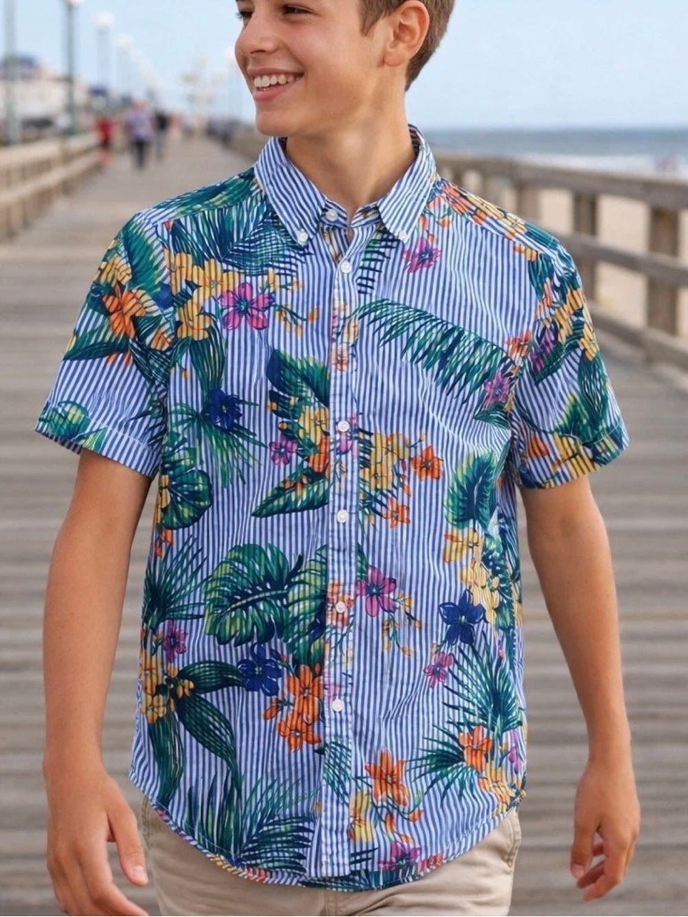 Ralph Lauren Boys Sz XL Striped Floral Cotton Shirt Tropical Vacation Preppy